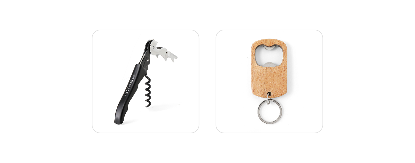 Custom wine openers and bottle opener keychains from Wayo – screen-printed examples of drinkware accessories for corporate swag or event giveaways.