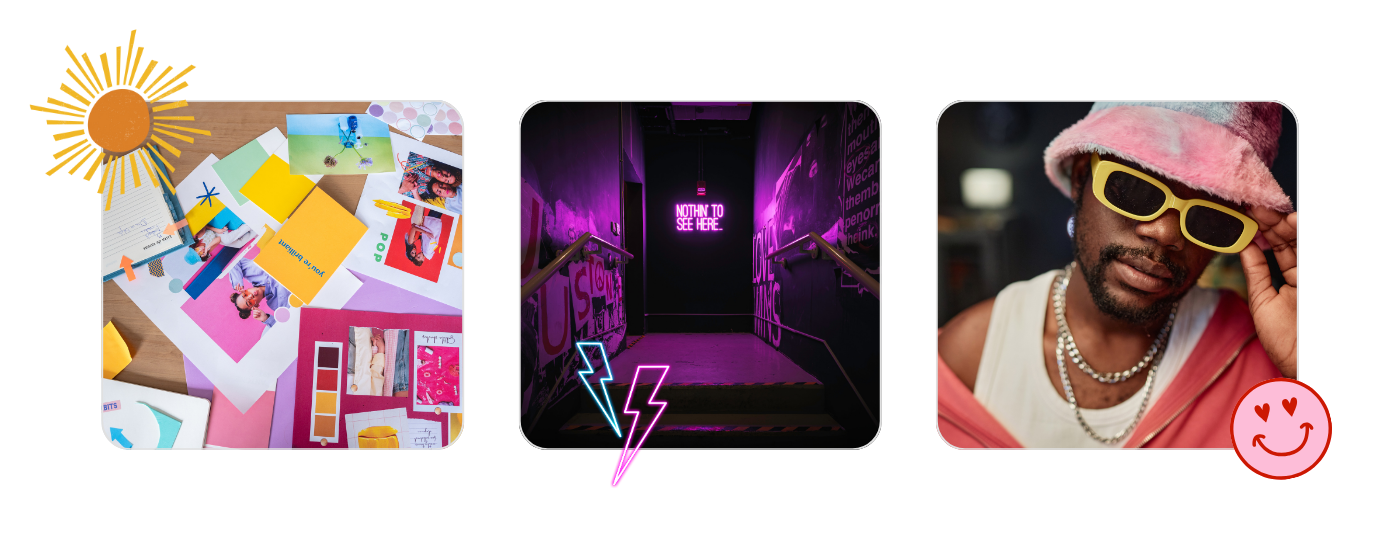 A collage of three moodboard-style visuals: a bright flat lay of colorful cutouts and swatches, a moody neon-lit stairwell with graffiti, and a man in expressive pastel streetwear. Together, the images convey diverse design aesthetics from playful and sunny to edgy and maximalist.