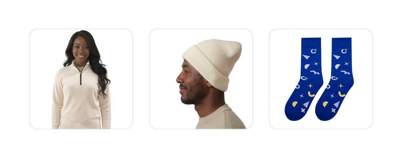 Customizable fleece knit quarter zip, alpaca wool blend beanie, and jacquard knit socks from Wayo – ideal for your next company holiday party gift
