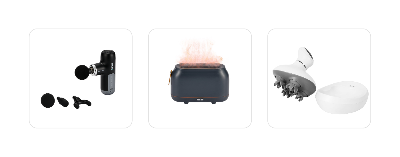 Three self-care-themed Wayo products: a massage gun, a flame-style aroma diffuser, and an electronic scalp massager.