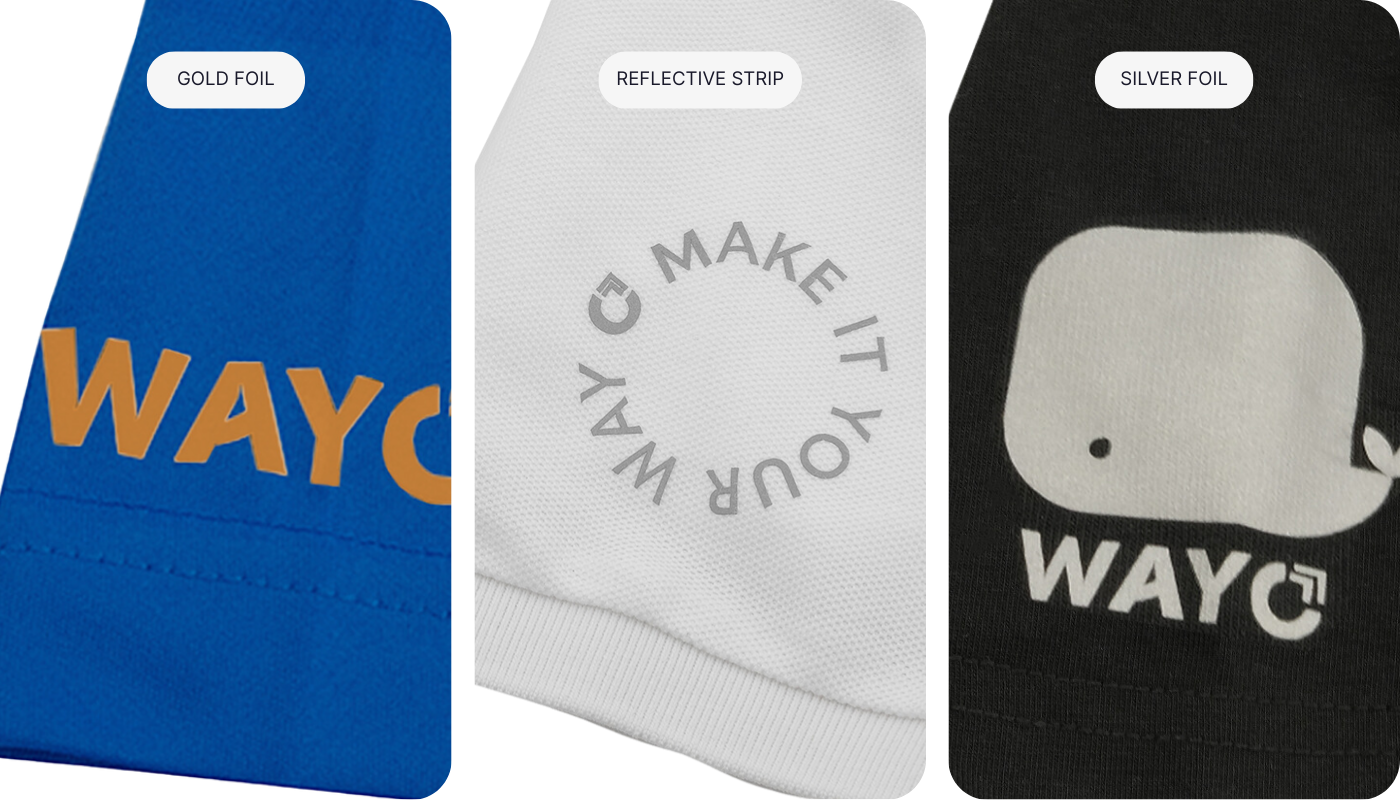 Three heat transfer printing examples are shown on fabric: gold foil with a shiny metallic finish, silver foil with a reflective effect, and a reflective strip designed for visibility—demonstrating different hot stamping techniques.