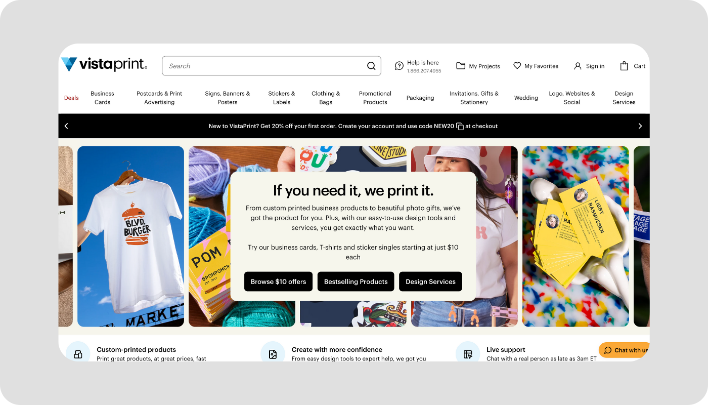 Screenshot of the Vistaprint homepage