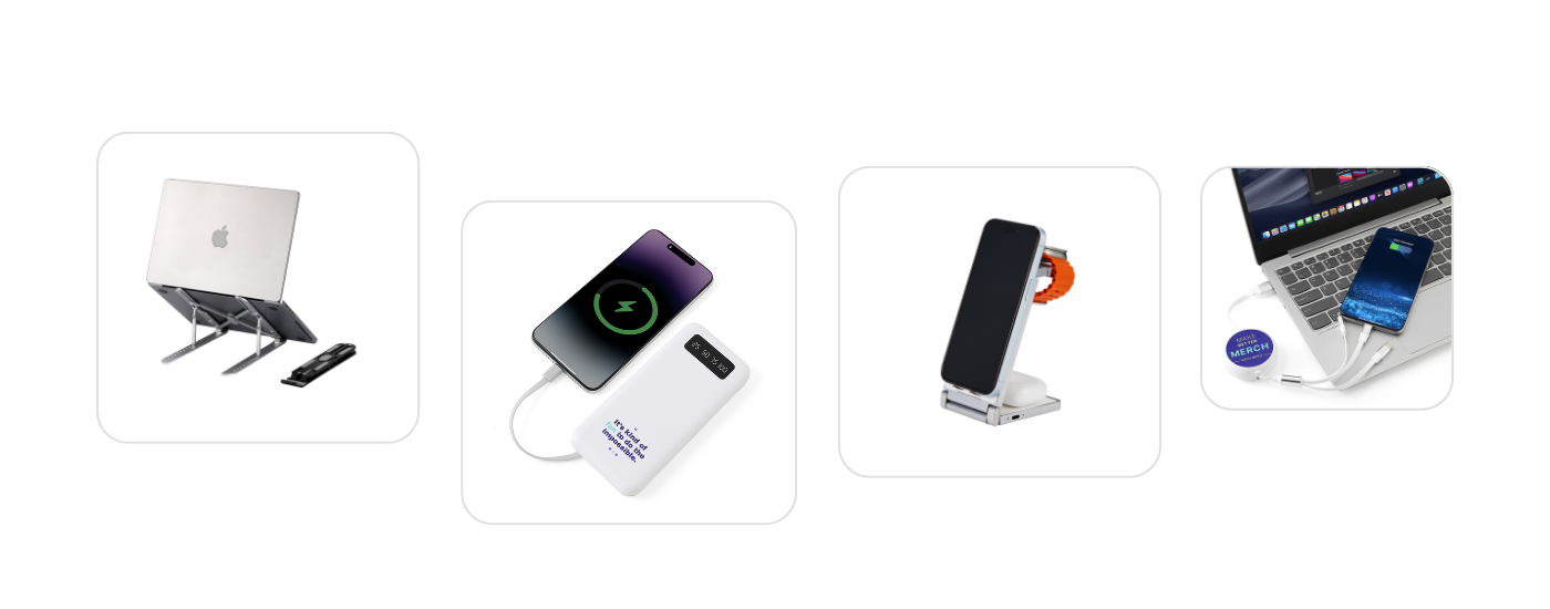 Selection of tech accessories from Wayo: foldable laptop stand, wireless charging power bank, portable phone stand, and 3-in-1 charging cable.