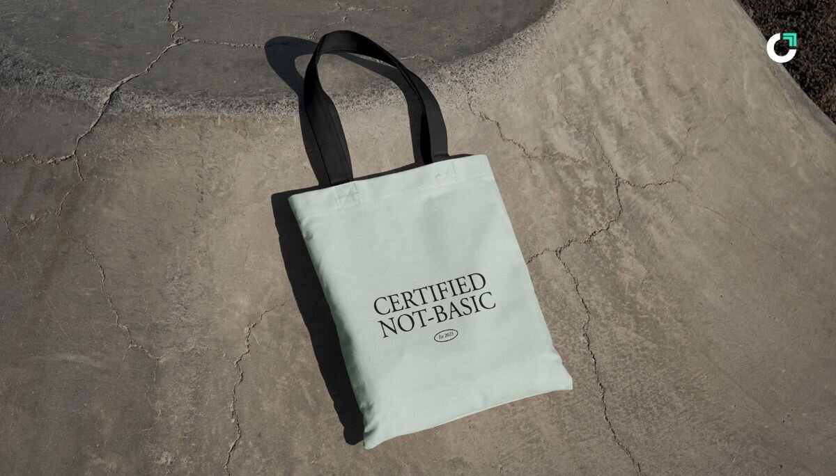 Tote bag lying on ground with text 