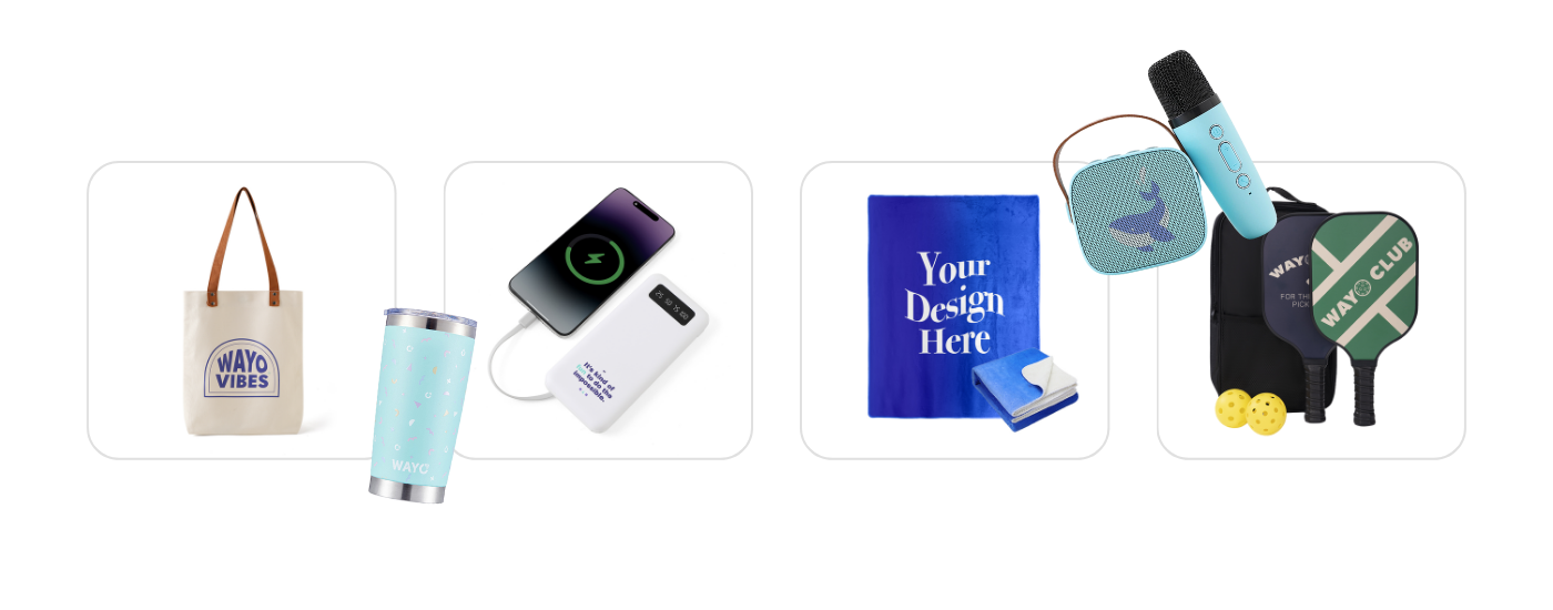 Premium small business swag examples from Wayo: branded boat tote, tumbler, wireless power bank, sherpa blanket, mini karaoke kit, and pickleball set.
