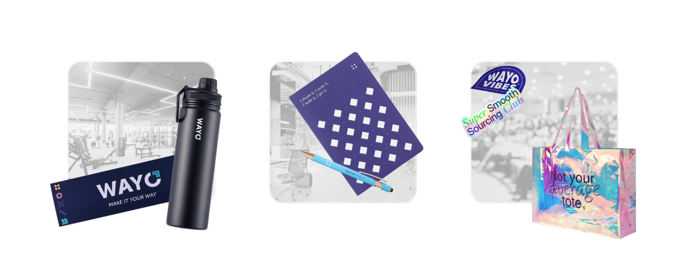 A showcase of Wayo branded merch bundles in real-world settings: a custom mouse pad and water bottle set at a gym, a notebook and pen combo in an office workspace, and a holographic tote bag with stickers at a conference. All items are designed and sourced through Wayo.