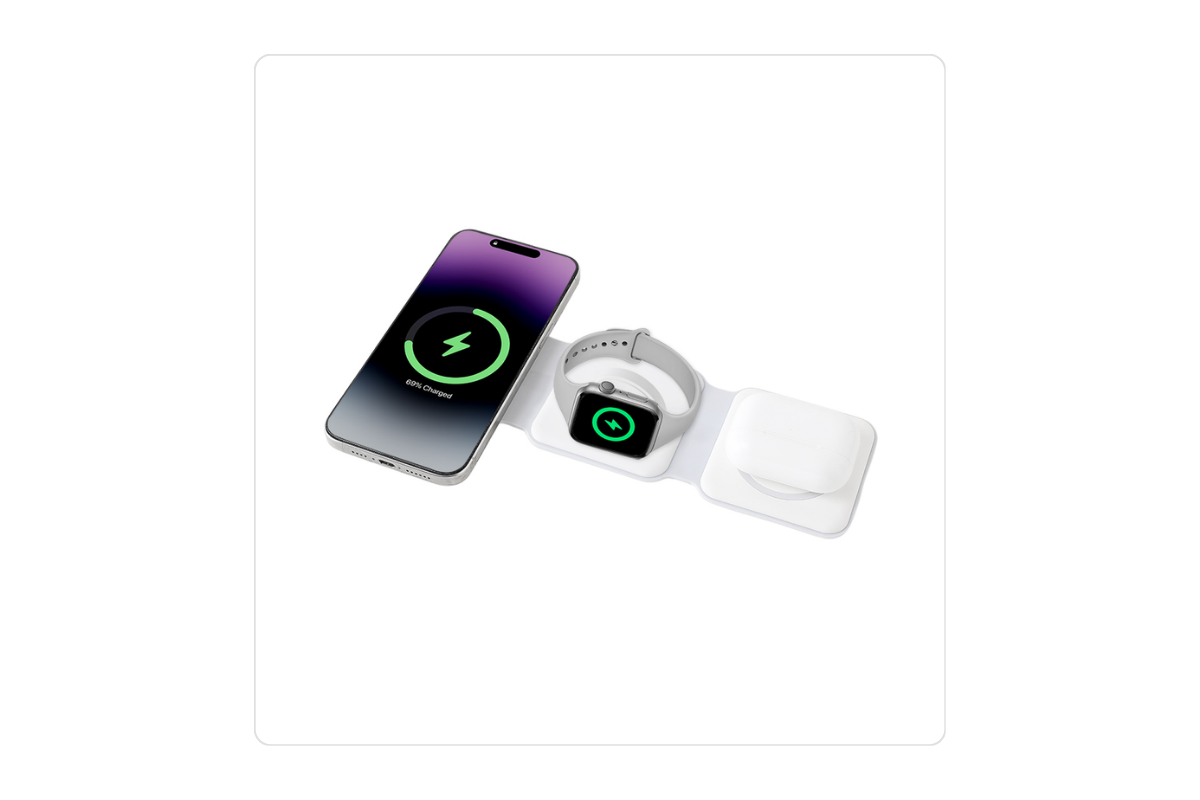 Customizable 3-in-1 foldable wireless Apple travel charger from Wayo