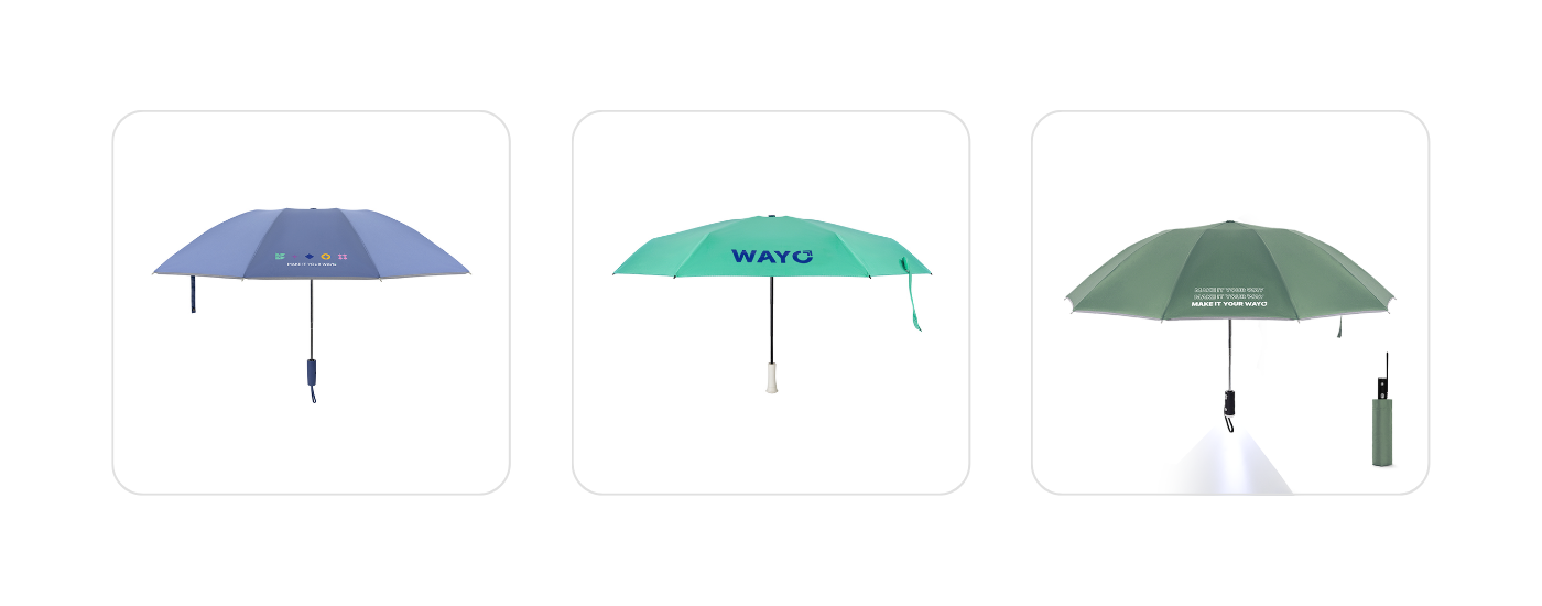 Custom screen-printed umbrellas by Wayo – logo merch examples on compact umbrellas ideal for outdoor events or client gifts.