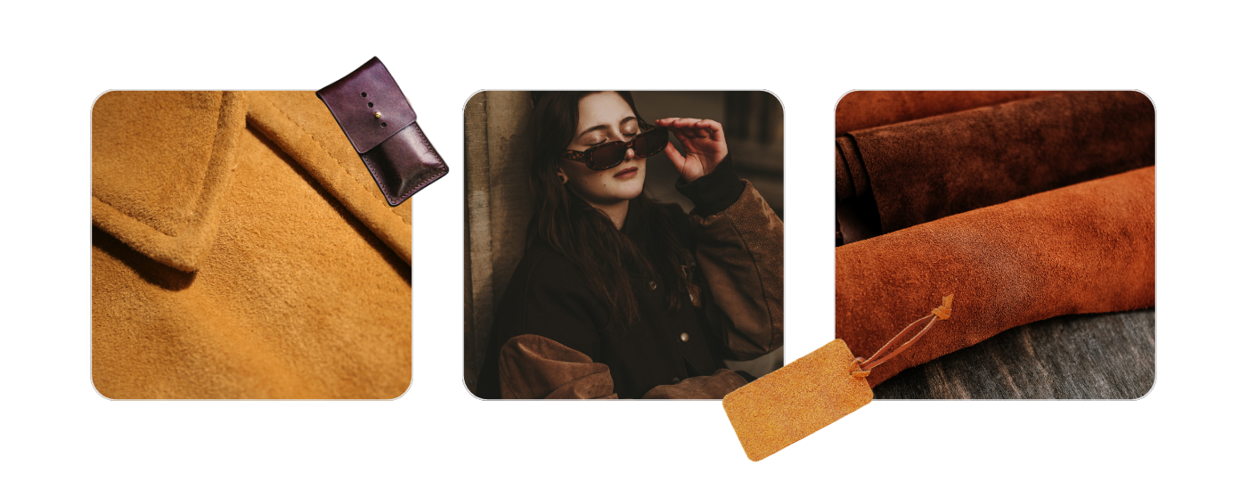 Suede fabric and warm earth tones dominating 2025 fall fashion merch trends – ideal for apparel, accessories, and textured brand goods.
