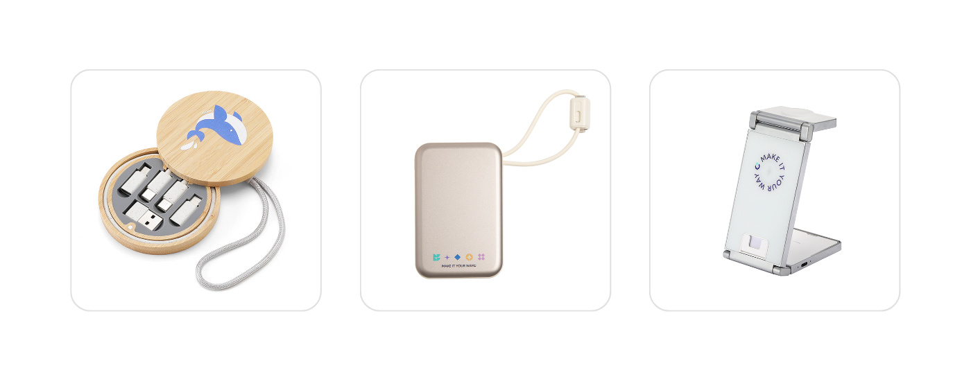 Tech accessory screen printing ideas from Wayo – custom logo examples on portable chargers, USB sets, and phone stands for branded tech merch.