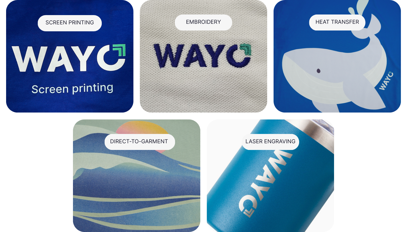 Chart comparing screen printing, embroidery, heat transfer, DTG printing, and laser engraving.