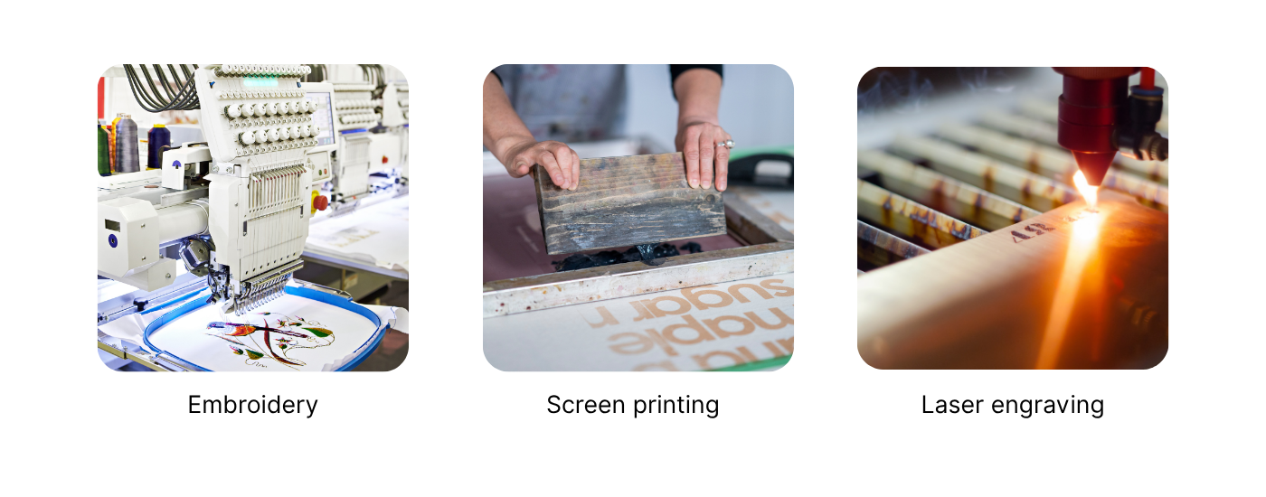 Side-by-side images showing embroidery, screen printing, and laser engraving processes for customizing products, including a commercial embroidery machine, a screen printing squeegee, and a laser cutter engraving a metal plate.