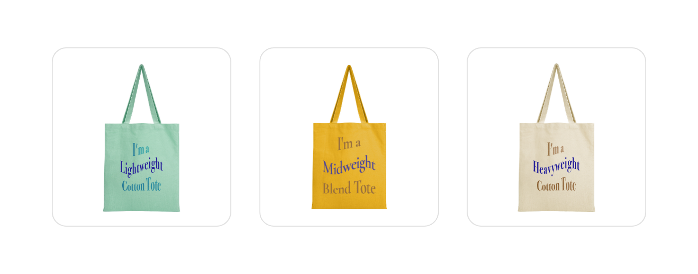 Wayo's three 100% cotton tote bag choices in three fabric weights: 8 oz., 12 oz., and 16. oz.