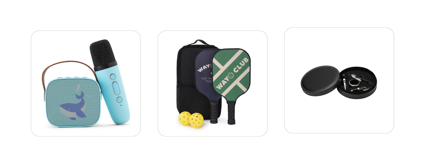 Customizable mini karaoke kit, pickleball playing set, and wine opener gift set – ideal as a gift during your next company holiday party 