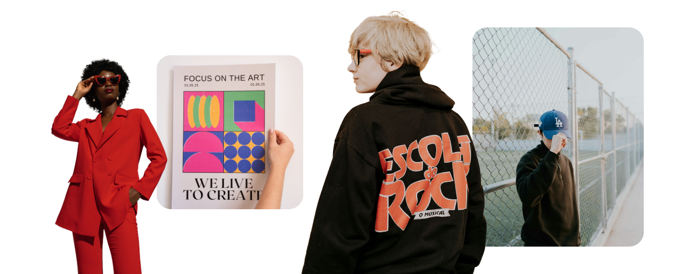 Stylized photos showcasing apparel and printed poster design: a woman in a red suit and heart sunglasses, a colorful poster that says 'Focus on the Art', a hoodie with bold graphic text 'Escola do Rock', and a man wearing a black cap and black sweatshirt.