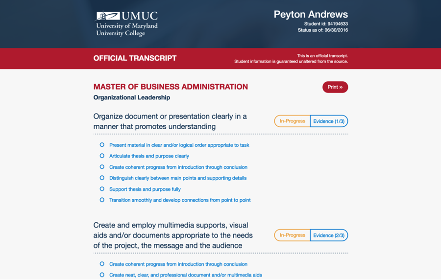 Extended Transcript: University of Maryland, University College's (UMUC) Comprehensive Student Record (CSR) pilot