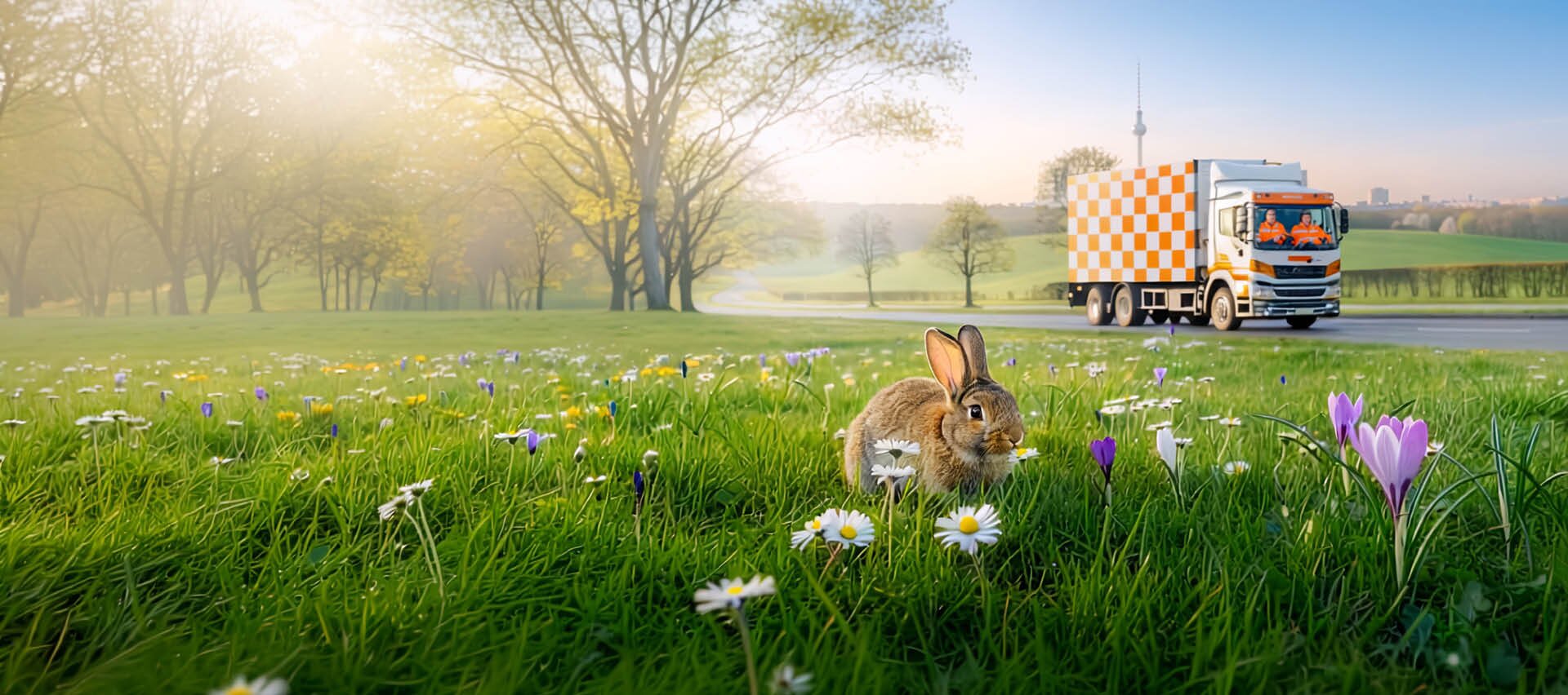 Zwei Müllwerker in orangefarbener Schutzkleidung schieben Mülltonnen auf einem Bürgersteig neben einem Müllfahrzeug in einer städtischen Straße.