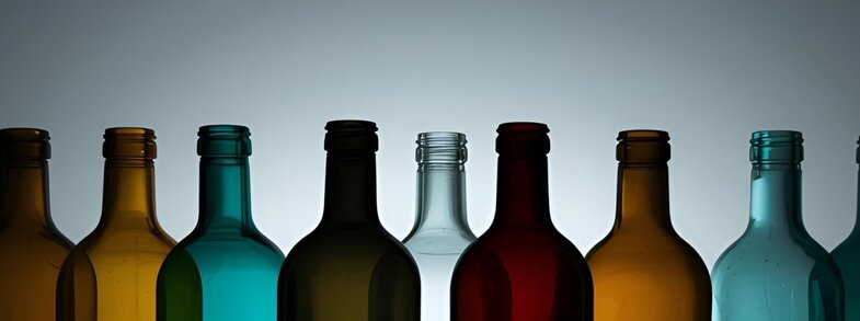 Mehrere unterschiedlich farbige Glasflaschen in einer Reihe, von Gelb über Grün, Blau, Rot bis Braun, ohne Etiketten.