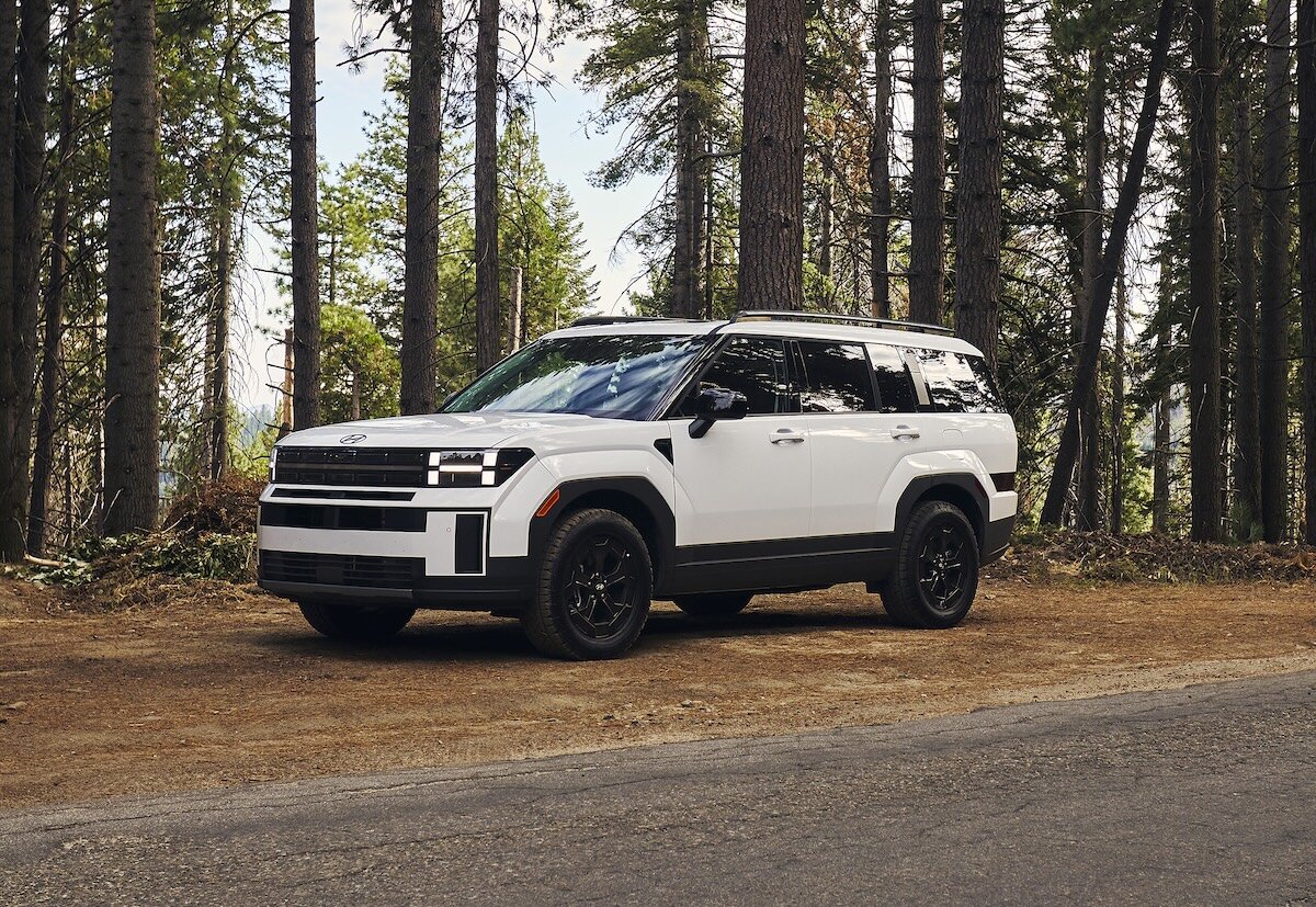 2027 Hyundai Santa Fe front white static in woods