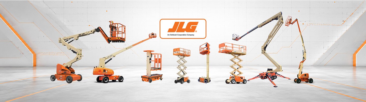 A lineup of JLG elevated work platforms, including boom lifts, scissor lifts, vertical lifts and spider lifts, available through Access Hire.