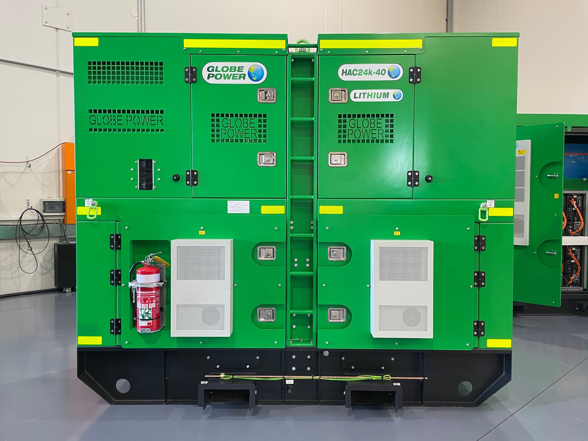 Globe Power HAC24k-40 lithium battery energy storage system for temporary site power.