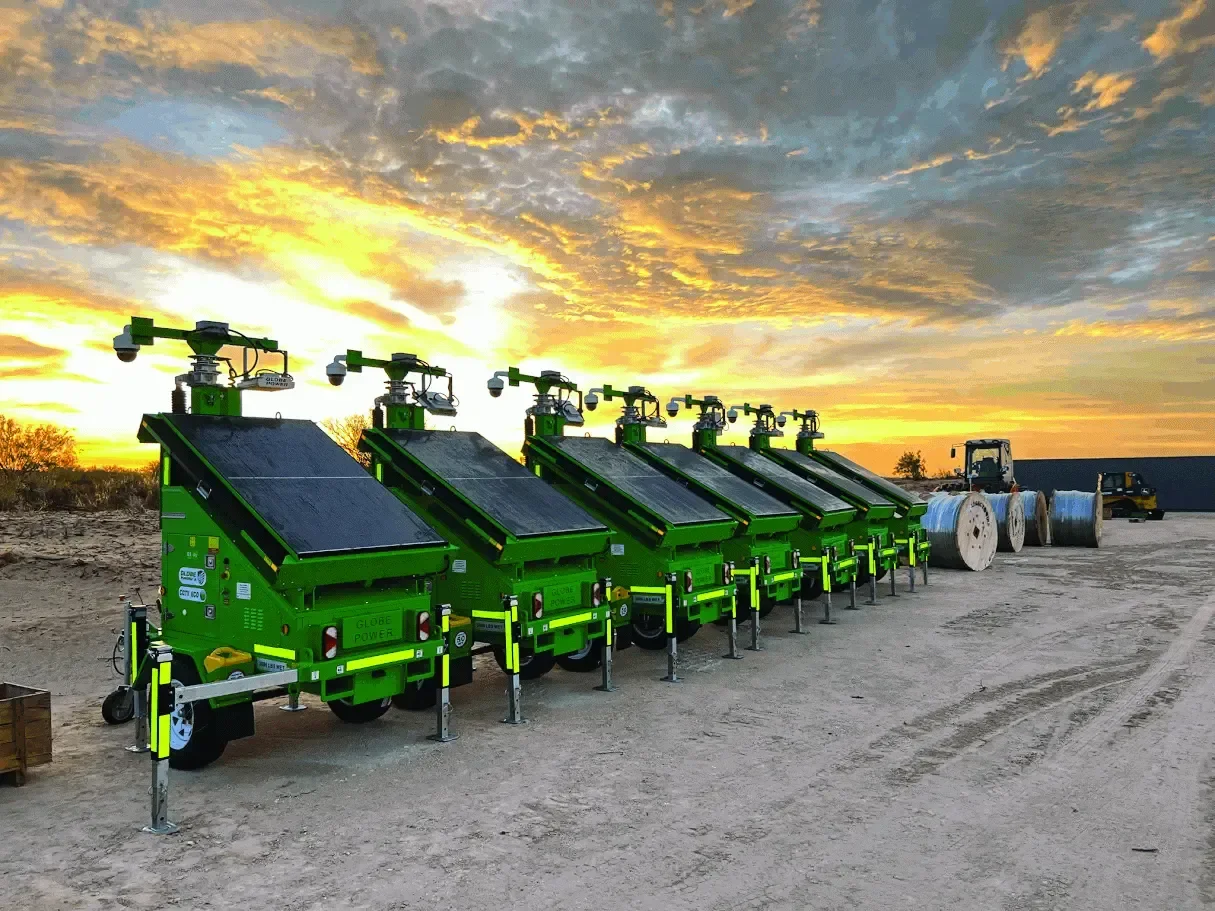 Globe Power GP28K lighting towers lined up in an outdoor storage area at sunrise