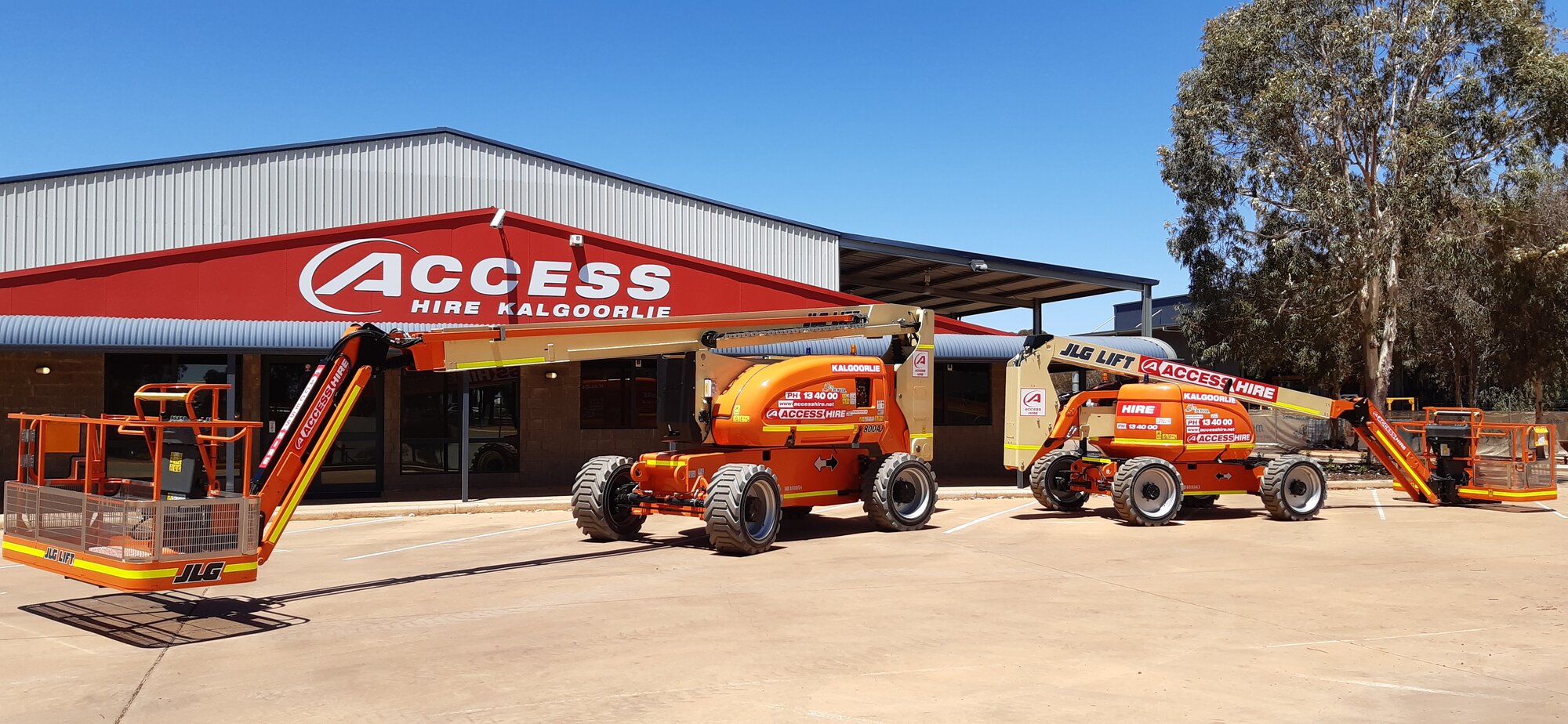 JLG boom lifts displayed outside the Access Hire Kalgoorlie branch.