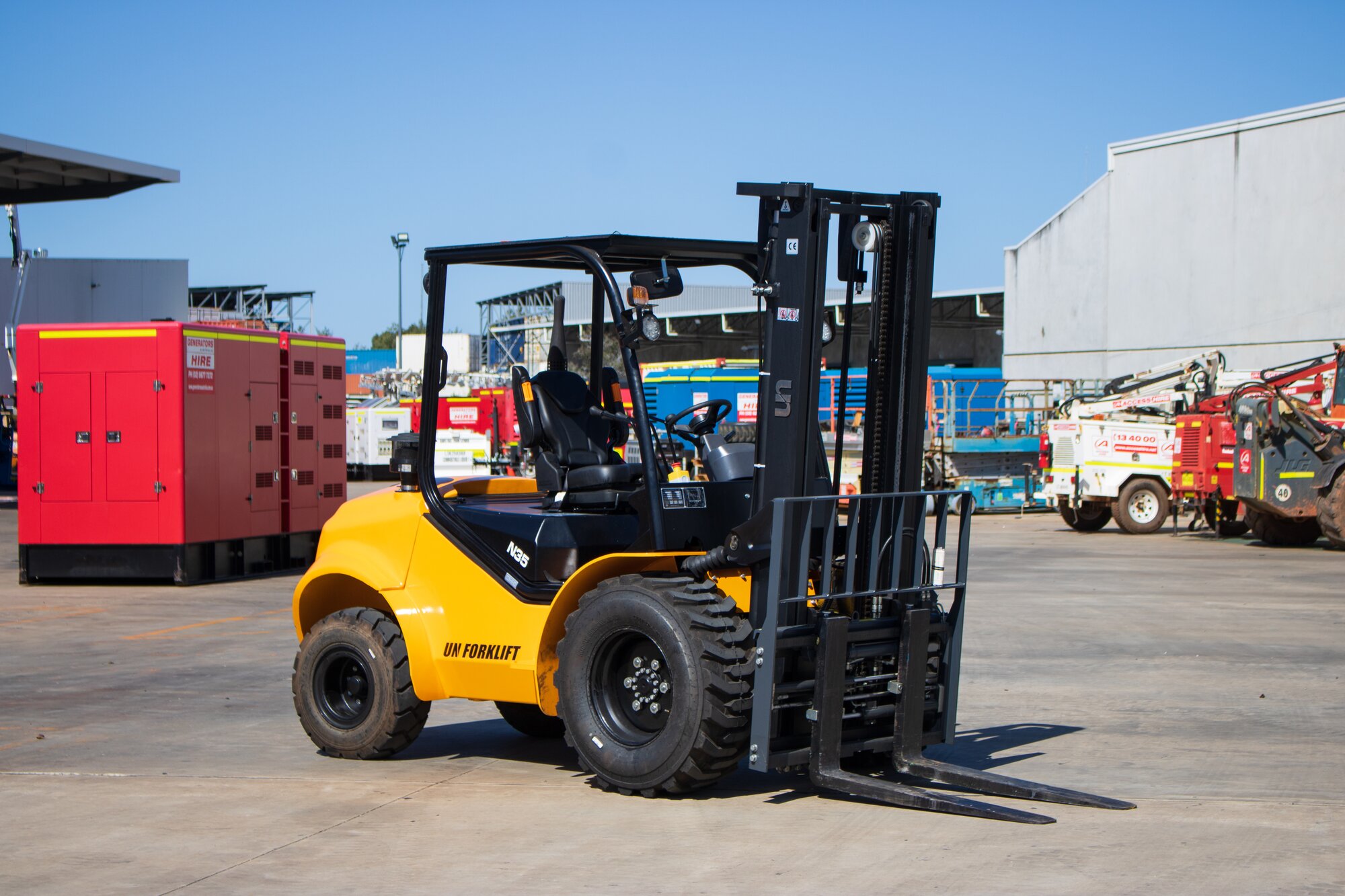 UN 3.5-tonne two-wheel drive forklift displayed in the Access Hire equipment yard