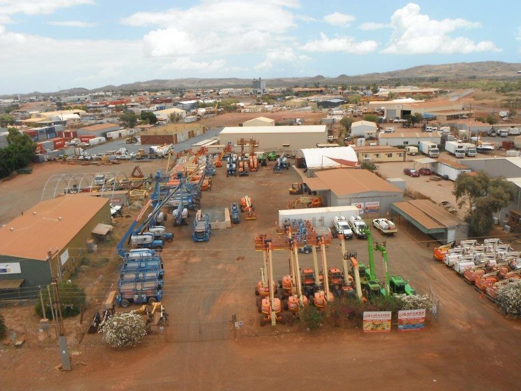 Aerial view of the Access Hire Karratha branch showing the equipment yard and fleet.