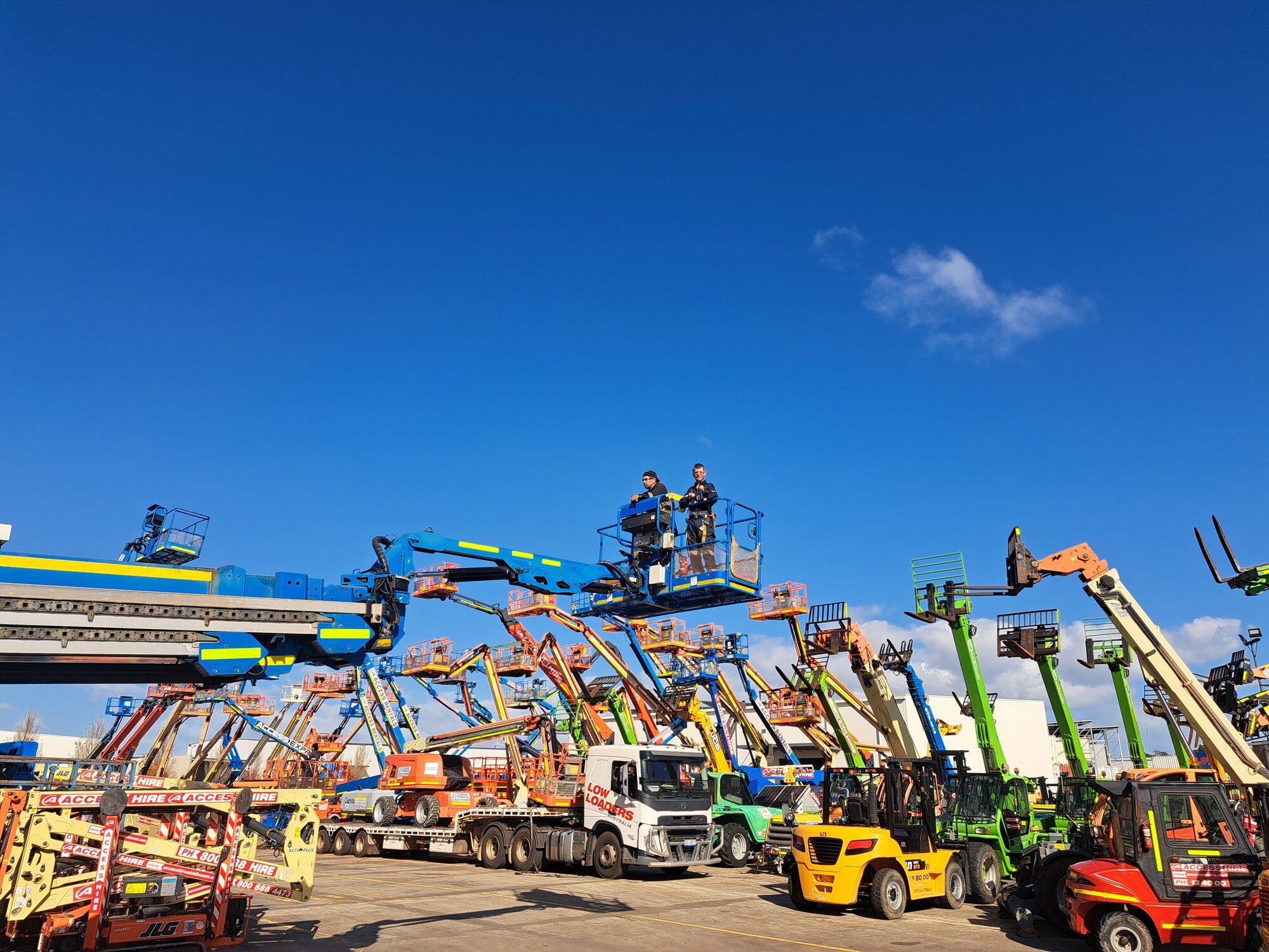 Access Hire fleet at the Canning Vale branch, featuring elevated work platforms, telehandlers, forklifts and transport equipment.