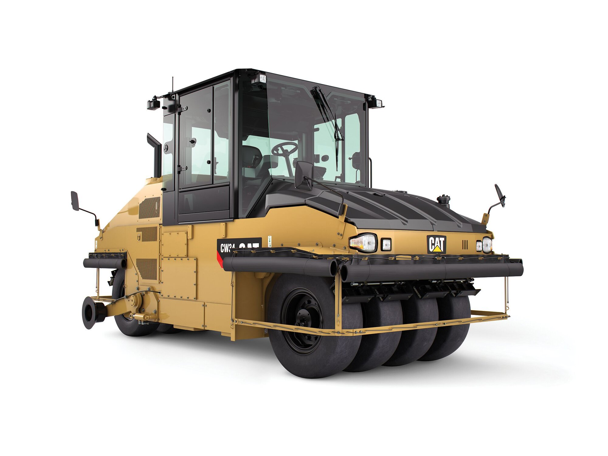 CAT CW34 pneumatic tyre roller for asphalt compaction.