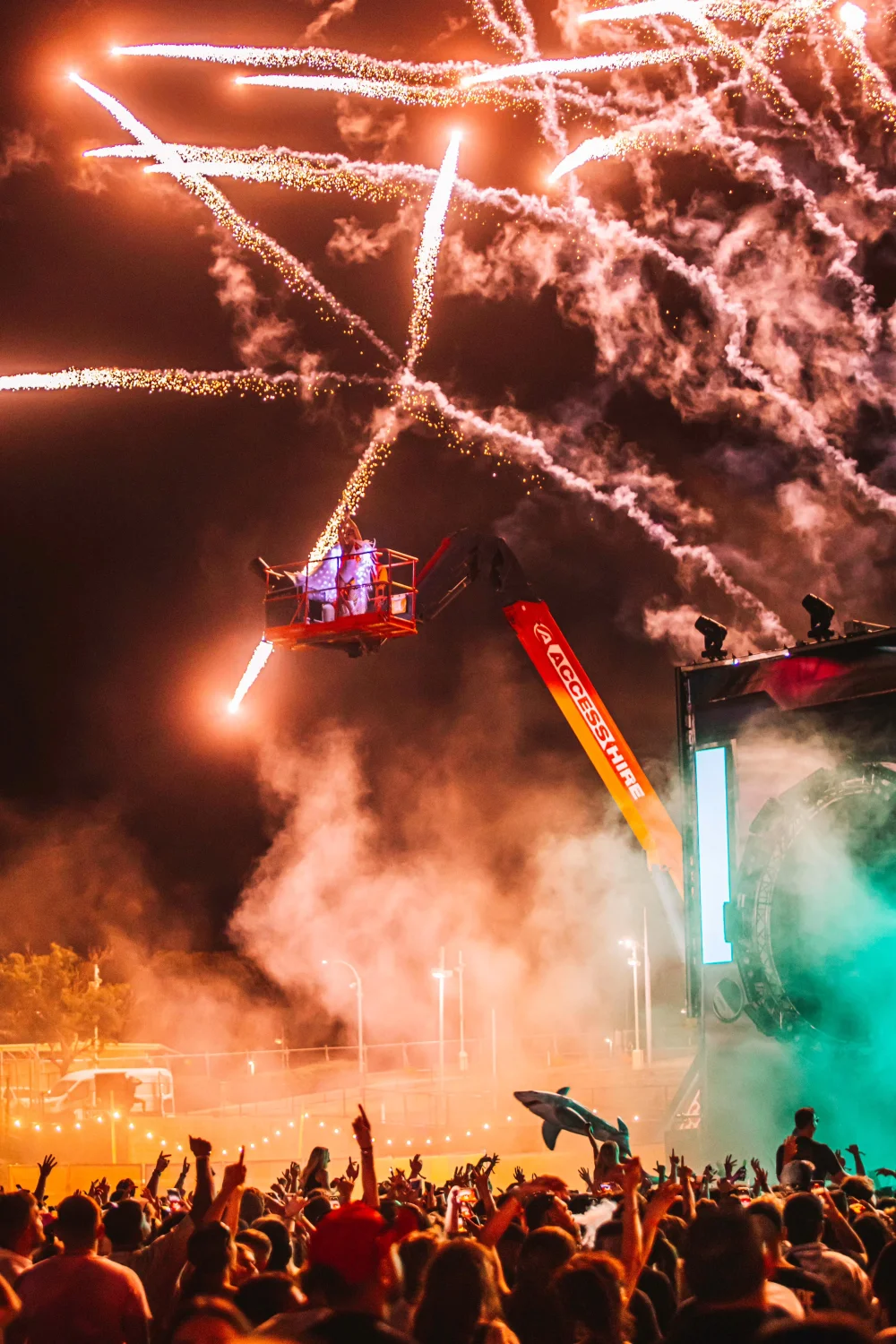 Dingli LiBT30 boom lift supporting a pyrotechnic display above the crowd at SNACK Festival