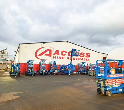 Electric scissor lifts displayed outside the Access Hire Newcastle branch