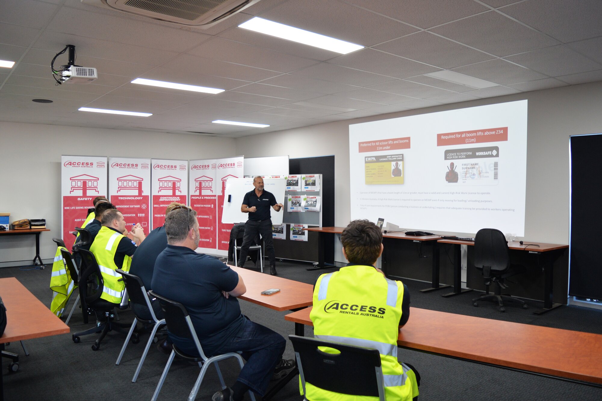 Instructor delivering an elevated work platform (EWP) operator training session in a classroom at Access Hire's Canning Vale training centre.