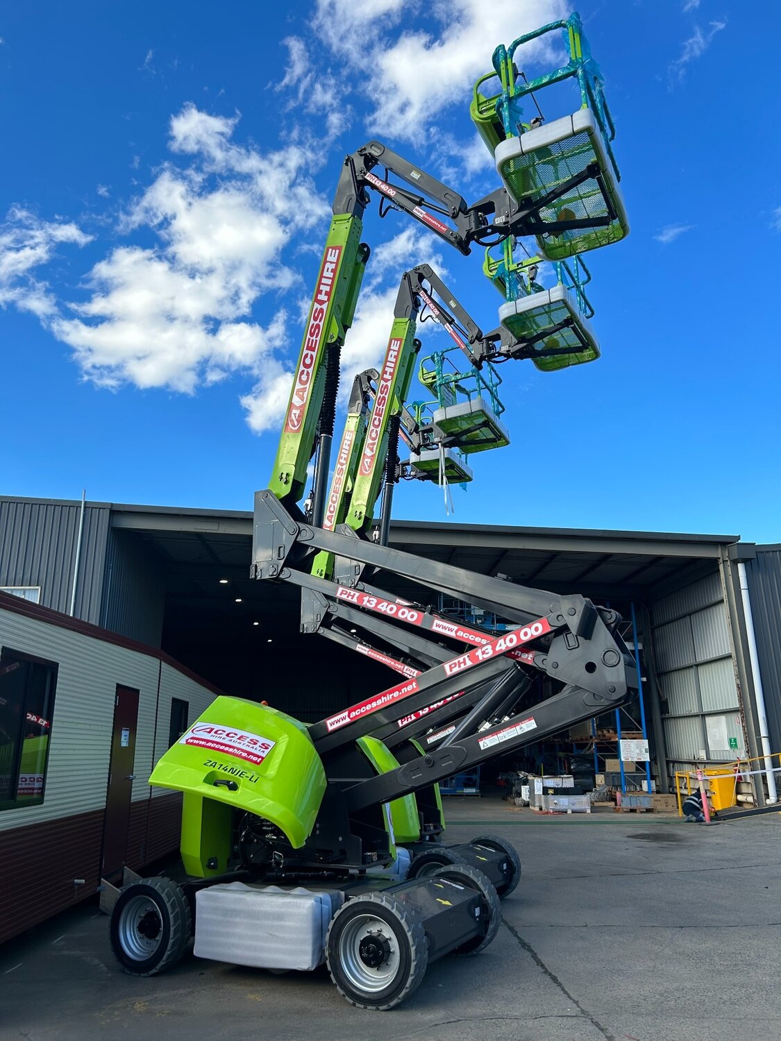 Zoomlion ZA16JE-Li electric articulating boom lift at an Access Hire branch, demonstrating zero-emission elevated access equipment.