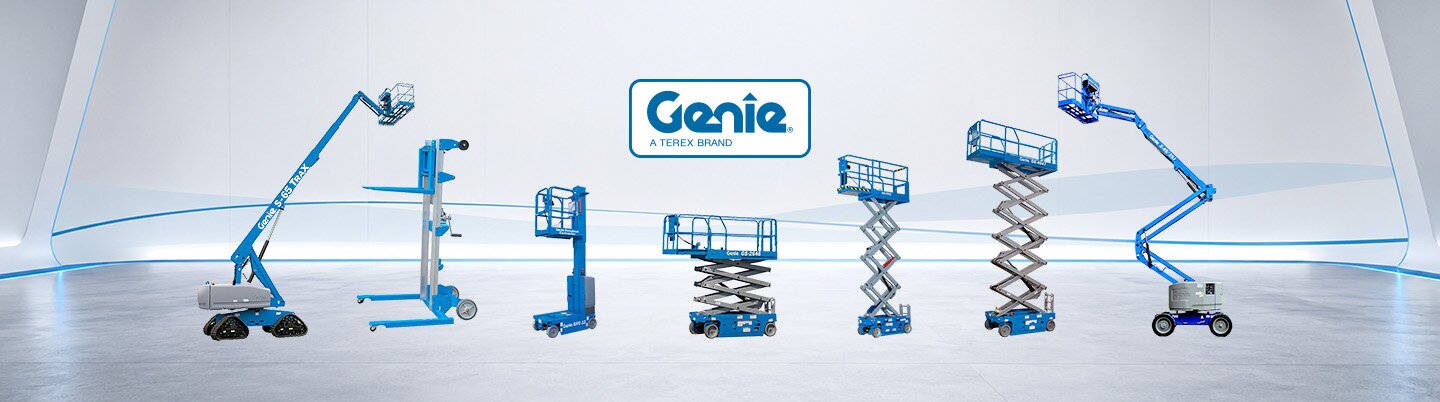 A lineup of Genie elevated work platforms, including boom lifts, scissor lifts, vertical lifts, material lifts and trailer-mounted boom lifts, available through Access Hire.