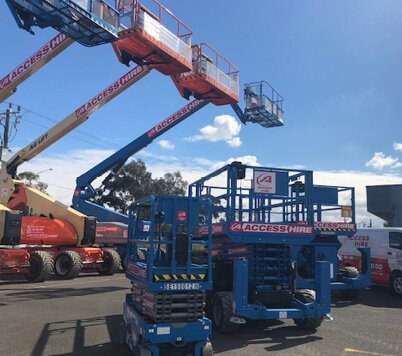 Boom lifts, scissor lifts and access equipment displayed in the Access Hire Melbourne equipment yard
