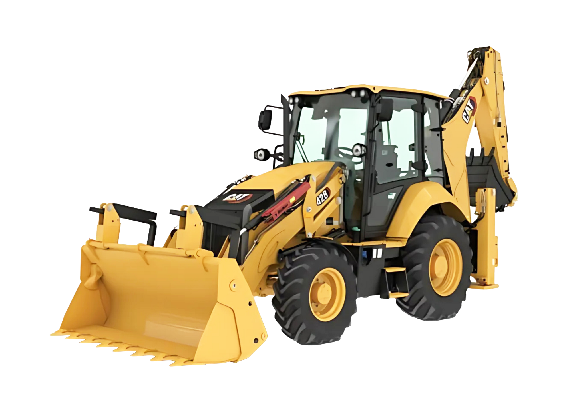 CAT 428 backhoe loader with front loader bucket and rear excavator arm.