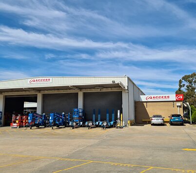 Access equipment displayed outside the Access Hire Adelaide workshop and equipment yard