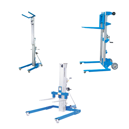 Range of material lifts for lifting and positioning materials at height, available from Access Hire Australia.