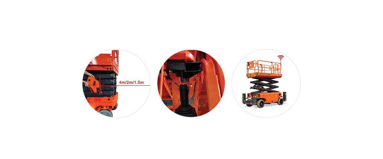 Three illustrations highlighting scissor lift features, including an extendable platform, stabilising mechanism and wireless connectivity.