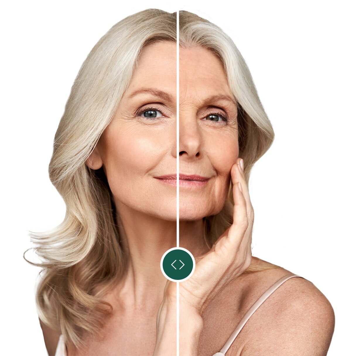 this image of a woman's face is split down the middle: the left highlighting the youthful, firm and radiant skin after using collagen, the right side is the before.