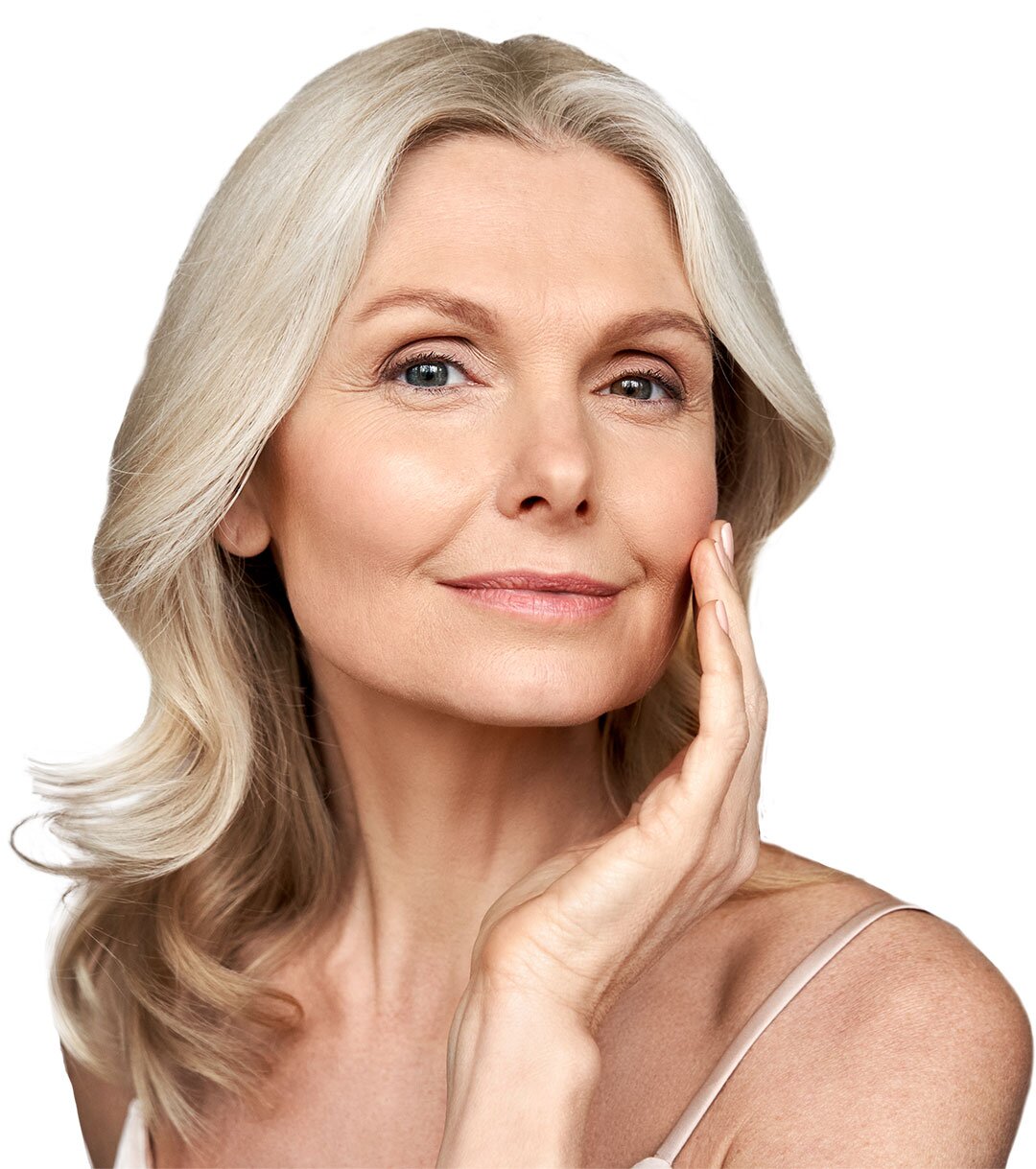 The same woman's face with reduced fine lines, enhanced firmness and glow
