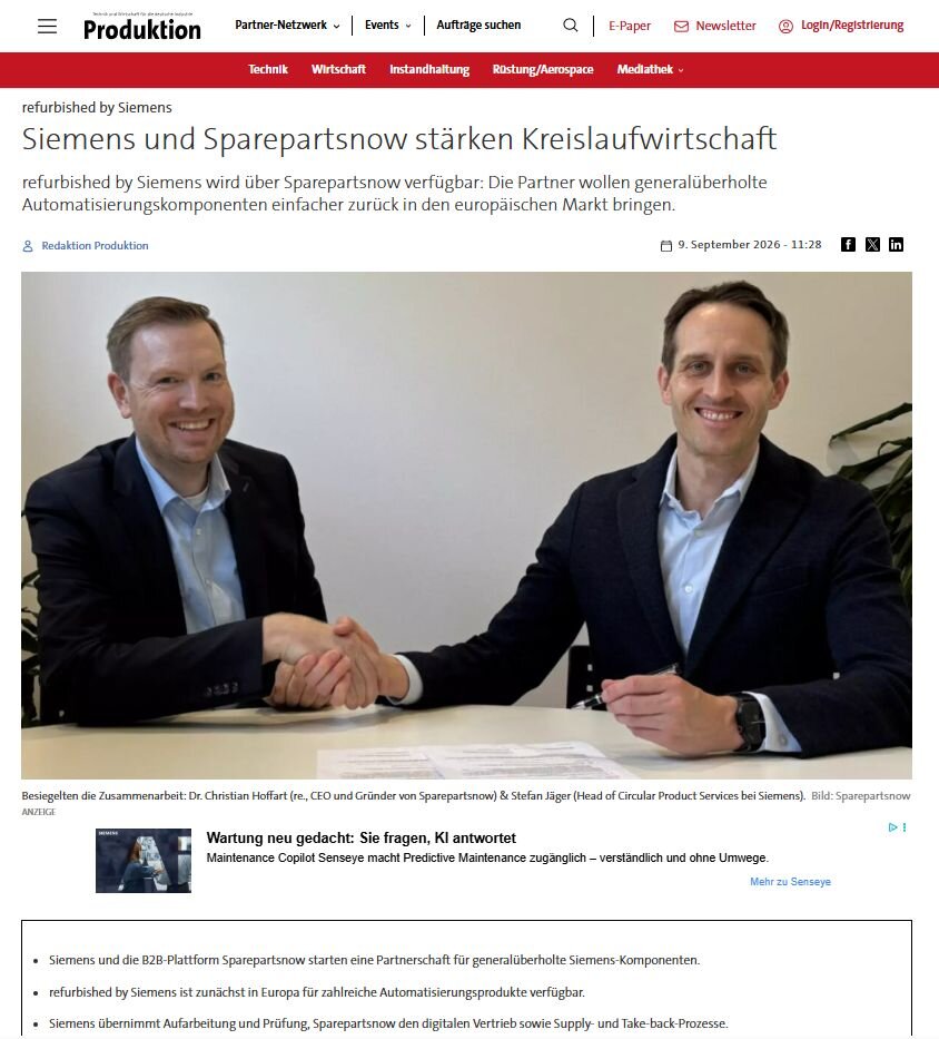 Siemens und SPAREPARTSNOW schließen Partnerschaft