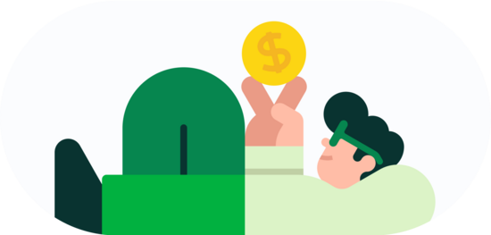 Ilustração de uma pessoa deitada, segurando dinheiro nas mãos e expressando tranquilidade após ter economizado com a energia limpa da Lemon