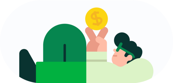 Ilustração de uma pessoa deitada, segurando dinheiro nas mãos e expressando tranquilidade após ter economizado com a energia limpa da Lemon