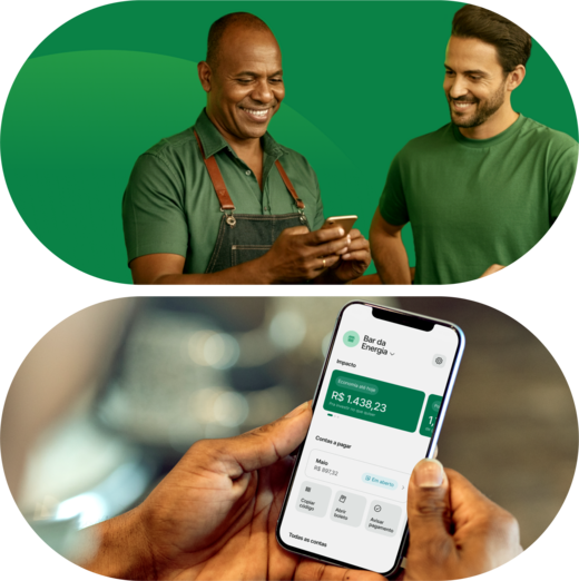 Aplicativo da Lemon Energia em fundo verde, destacando o impacto econômico e ambiental dos clientes