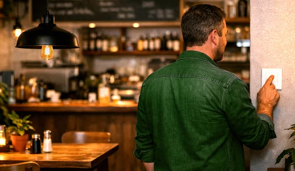 Imagem de um homem, dono de restaurante, de costas. Ele está clicando no interruptor de luz ao lado direito, no fundo do lado esquerdo está o ambiente de um restaurante.