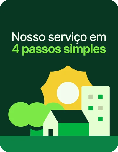 Ilustração de uma composição de uma cidade com árvore, casa, prédio e um sol ao fundo com a frase "Nosso serviço em 4 passos simples"