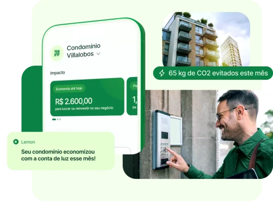 Aplicativo da Lemon Energia em fundo verde, destacando o impacto econômico e ambiental dos clientes